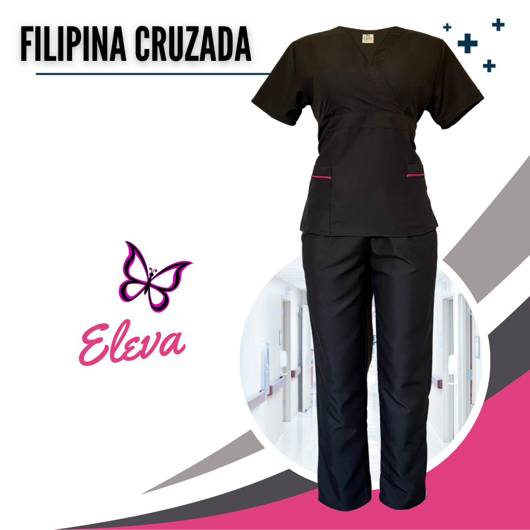 CONJUNTO FILIPINA CRUZADA - NEGRA VIVOS FUCSIA – ELEVA