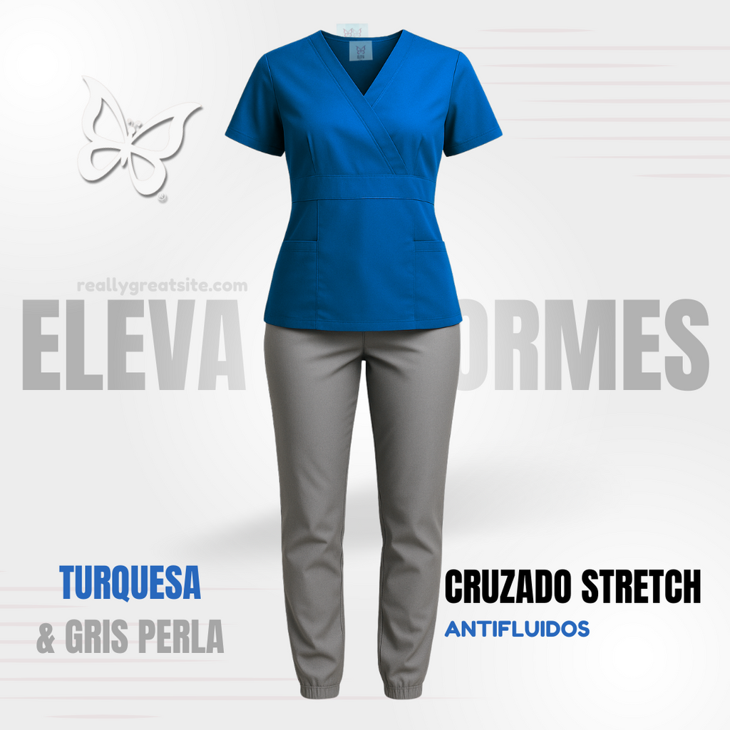 SCRUB CRUZADO STRETCH - TURQUESA & GRIS PERLA