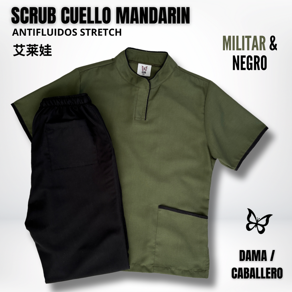 SCRUB CUELLO MANDARÍN MILITAR & NEGRO
