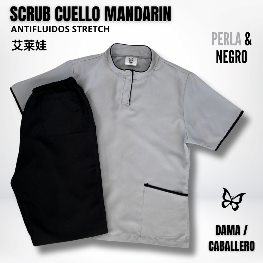 SCRUB CUELLO MANDARÍN PERLA & NEGRO