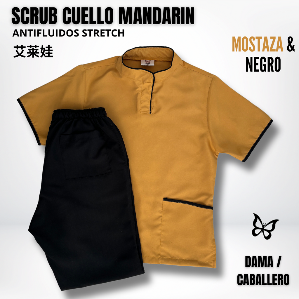 SCRUB CUELLO MANDARÍN MOSTAZA & NEGRO
