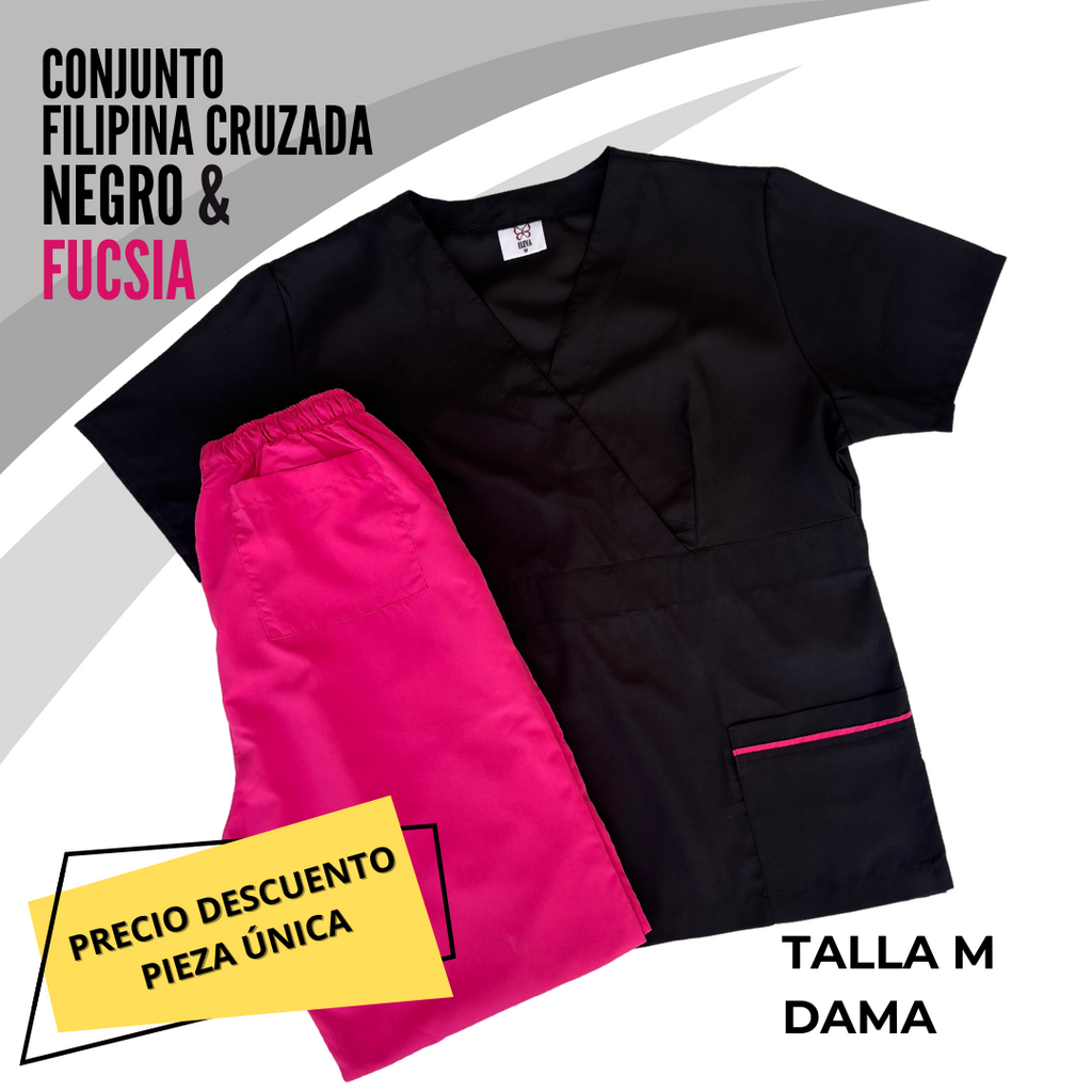 PIEZA ÚNICA - CONJUNTO FILIPINA CRUZADA NEGRO & FUCSIA TALLA M DAMA