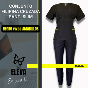 CONJUNTO FILIPINA CRUZADA - NEGRA VIVOS AMARILLOS | PANT. SLIM