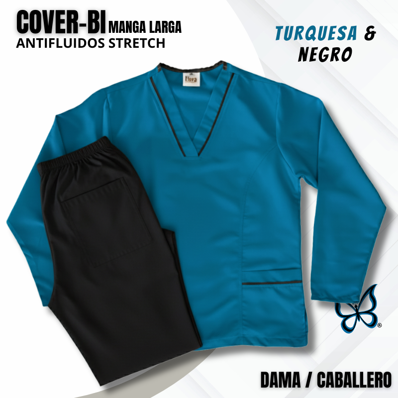 SCRUB COVER-BI MANGA LARGA TURQUESA & NEGRO