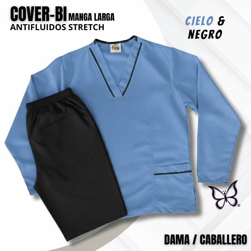 SCRUB COVER-BI MANGA LARGA CIELO & NEGRO