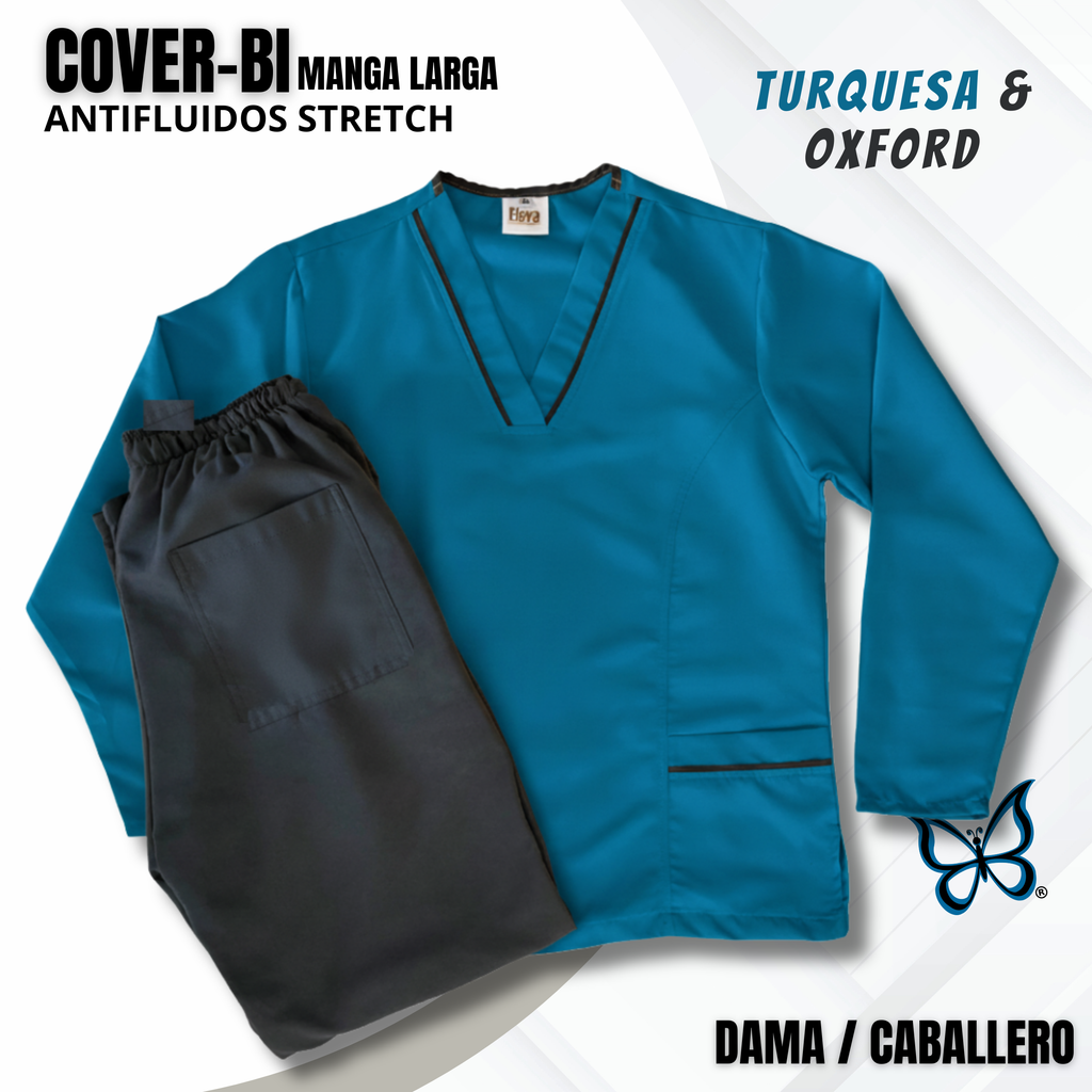 SCRUB COVER-BI MANGA LARGA TURQUESA & OXFORD